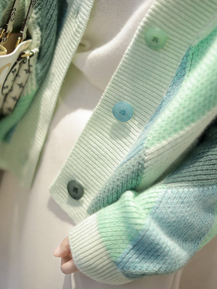 Women's Knitted Cardigan Sweater Coat New Style 2022 Korean Color Matching Loose Fashion Geometric Short Paragraph