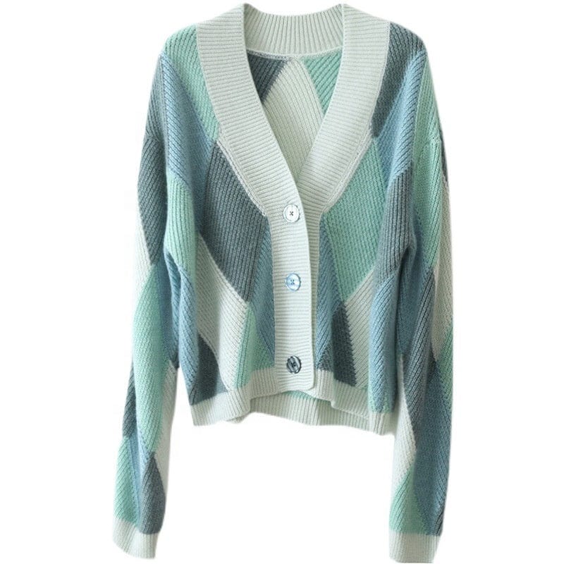 Women's Knitted Cardigan Sweater Coat New Style 2022 Korean Color Matching Loose Fashion Geometric Short Paragraph