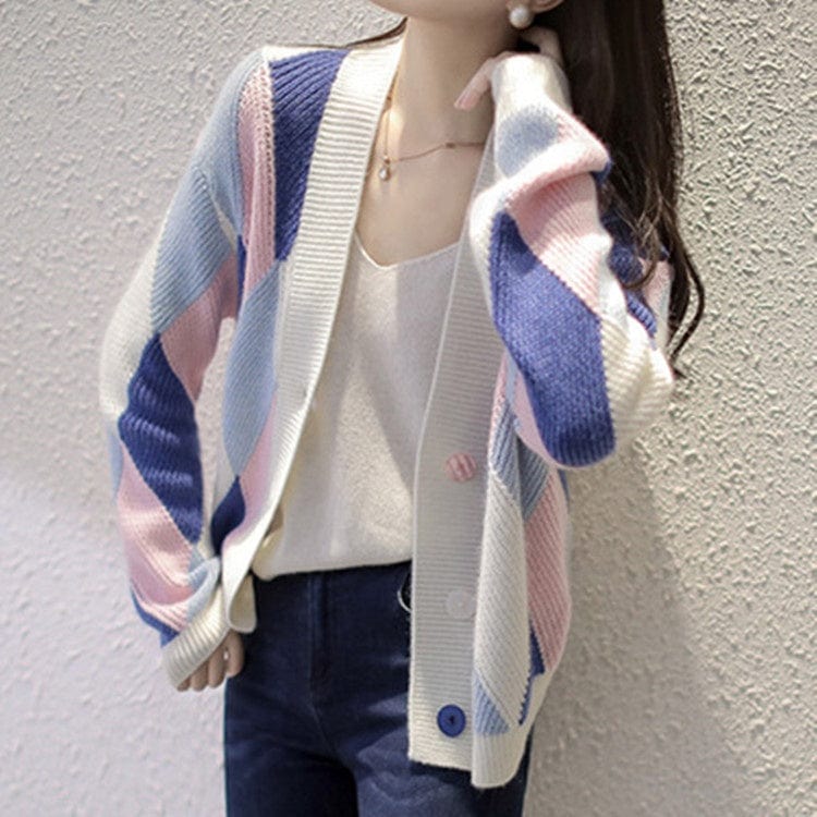Women's Knitted Cardigan Sweater Coat New Style 2022 Korean Color Matching Loose Fashion Geometric Short Paragraph