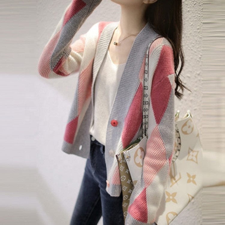 Women's Knitted Cardigan Sweater Coat New Style 2022 Korean Color Matching Loose Fashion Geometric Short Paragraph