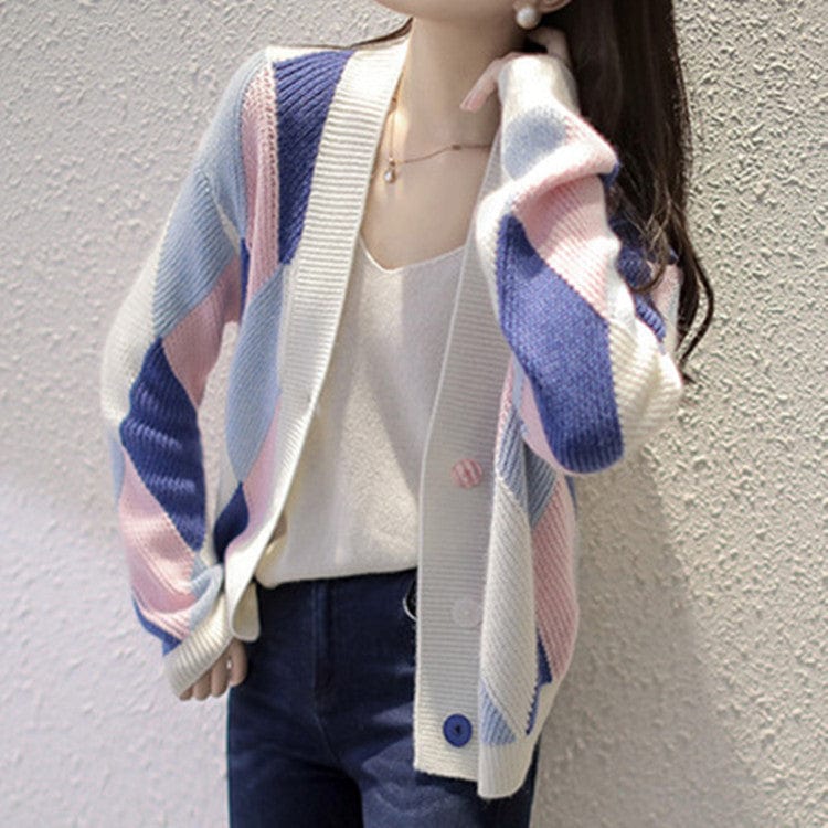 Women's Knitted Cardigan Sweater Coat New Style 2022 Korean Color Matching Loose Fashion Geometric Short Paragraph