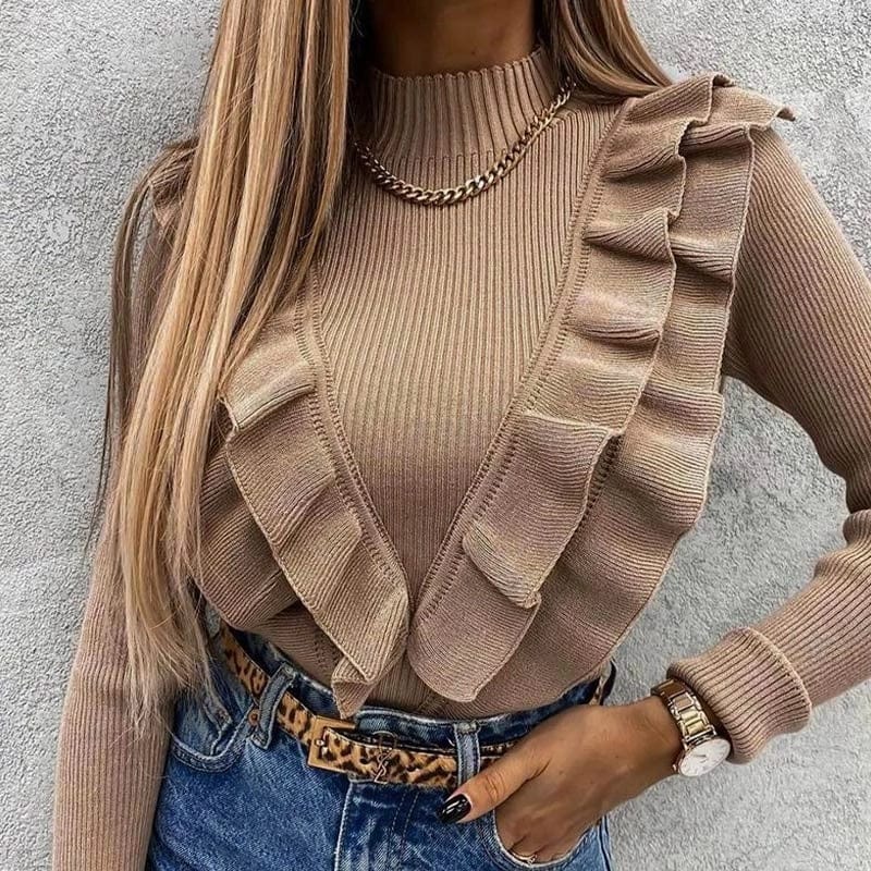 Women's Knitted Sweater Long Sleeve Solid Coffee Slim Elegant Office Lady Pullover 2022 Spring Fashion Top New