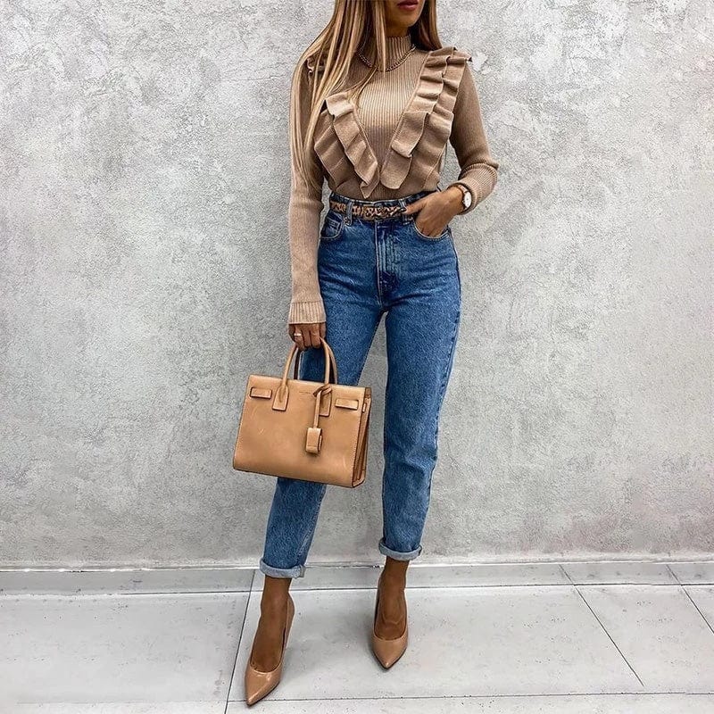 Women's Knitted Sweater Long Sleeve Solid Coffee Slim Elegant Office Lady Pullover 2022 Spring Fashion Top New