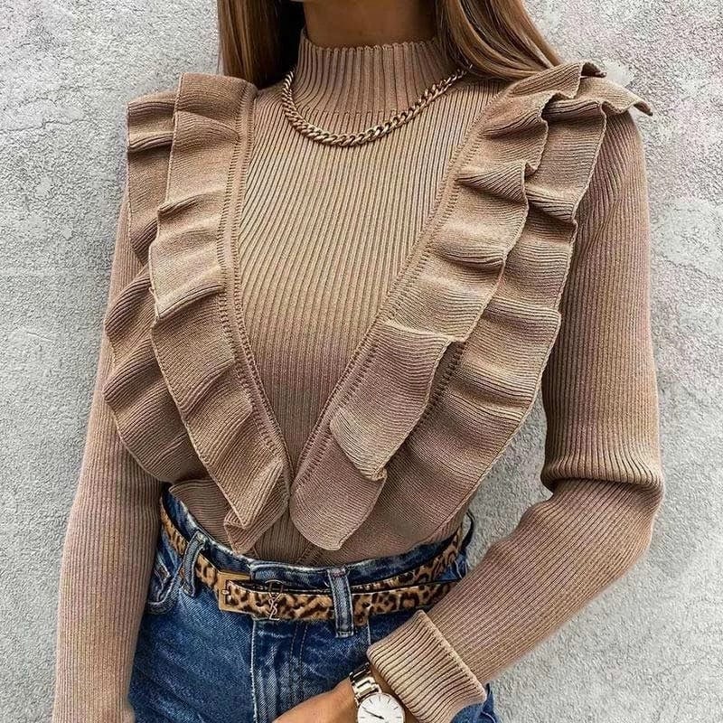Women's Knitted Sweater Long Sleeve Solid Coffee Slim Elegant Office Lady Pullover 2022 Spring Fashion Top New