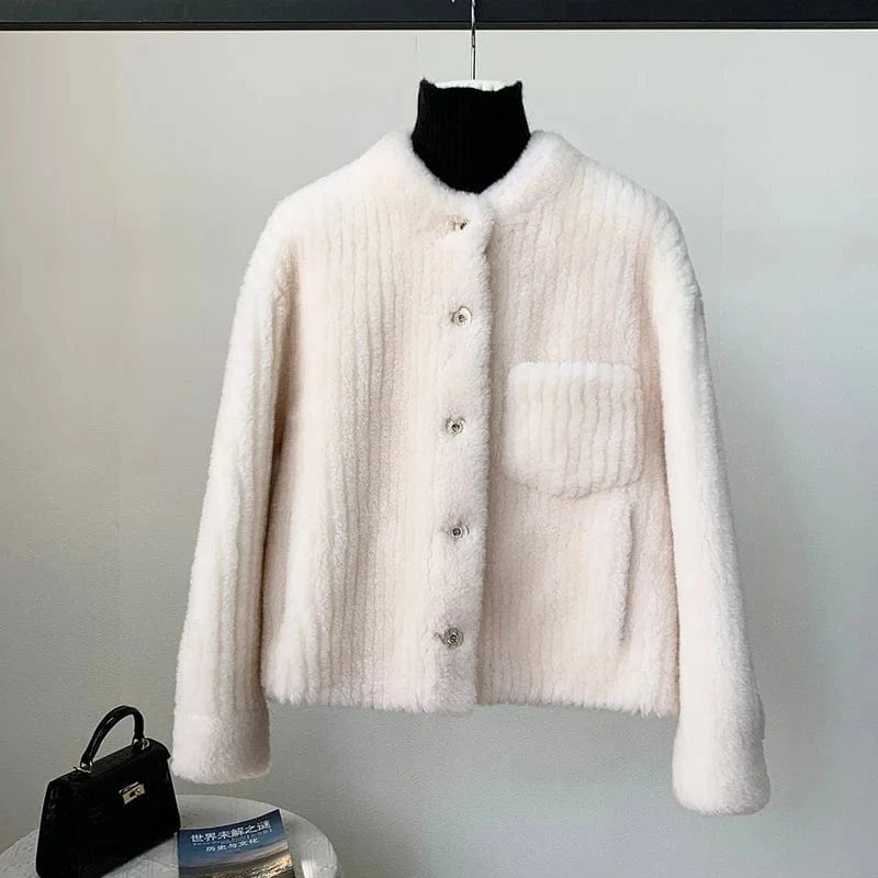 Women's Lamb Wool Fur Winter Round Neck Coat Female Girl Warm Sheep Shearling Short Jacket JT3313