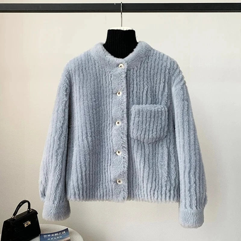 Women's Lamb Wool Fur Winter Round Neck Coat Female Girl Warm Sheep Shearling Short Jacket JT3313
