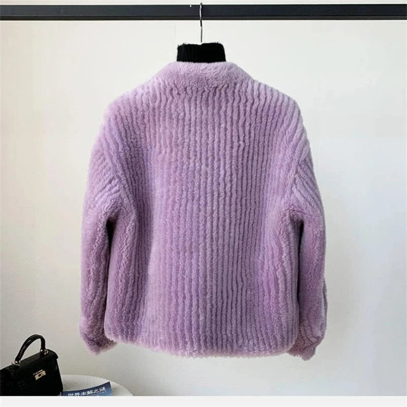 Women's Lamb Wool Fur Winter Round Neck Coat Female Girl Warm Sheep Shearling Short Jacket JT3313