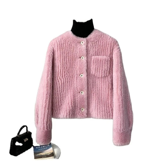 Women's Lamb Wool Fur Winter Round Neck Coat Female Girl Warm Sheep Shearling Short Jacket JT3313