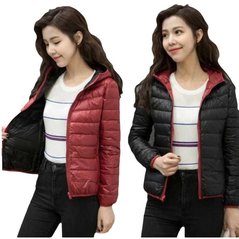Women's Light And Short White Duck Down Fashion Hooded Warm Winter Coat Autumn New Double-Sided Jacket