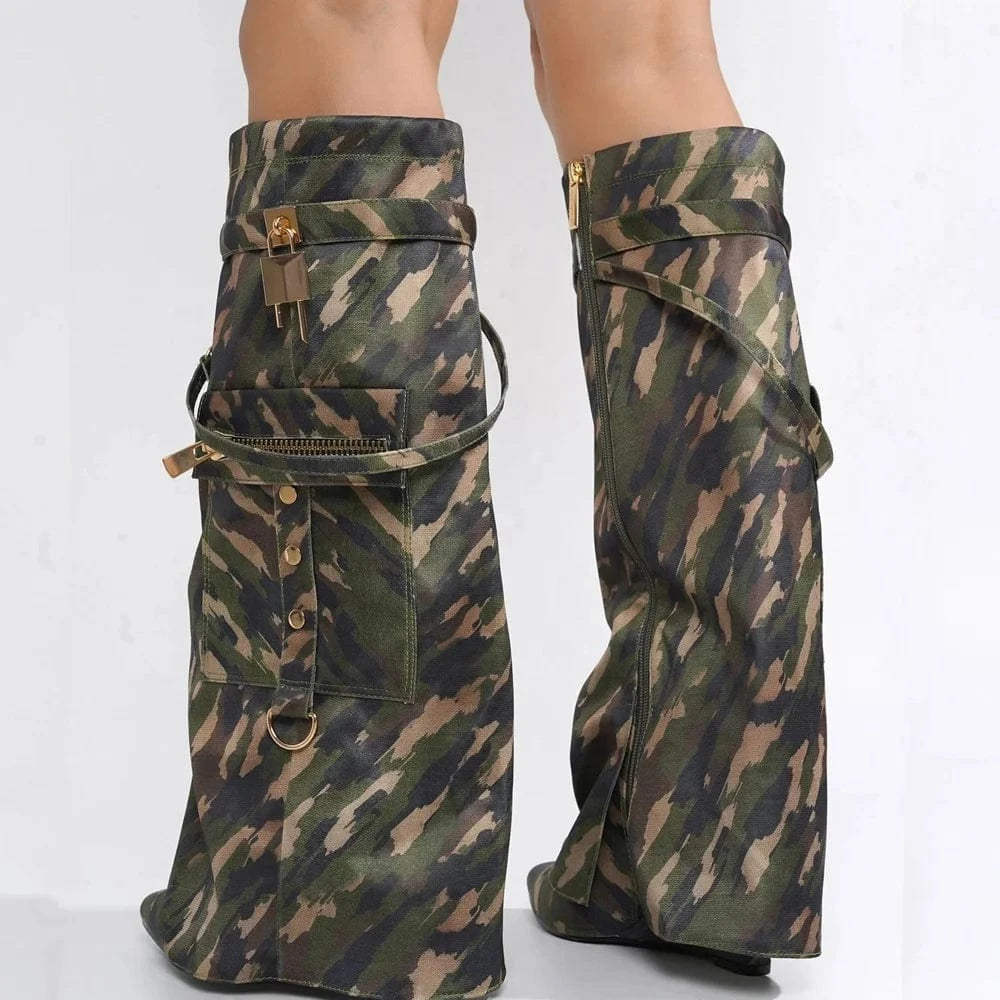 Women's Lock Pointy Toe Knee-high Booties Lock Wedge Pants Booties Strap Pocket Metallic PU Camouflage Print Overlay Shoes