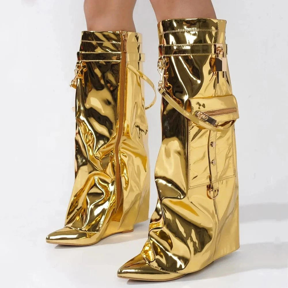 Women's Lock Pointy Toe Knee-high Booties Lock Wedge Pants Booties Strap Pocket Metallic PU Camouflage Print Overlay Shoes