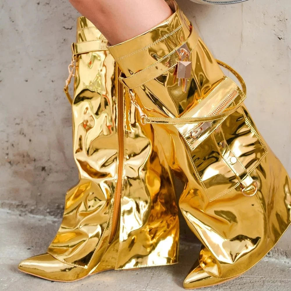 Women's Lock Pointy Toe Knee-high Booties Lock Wedge Pants Booties Strap Pocket Metallic PU Camouflage Print Overlay Shoes