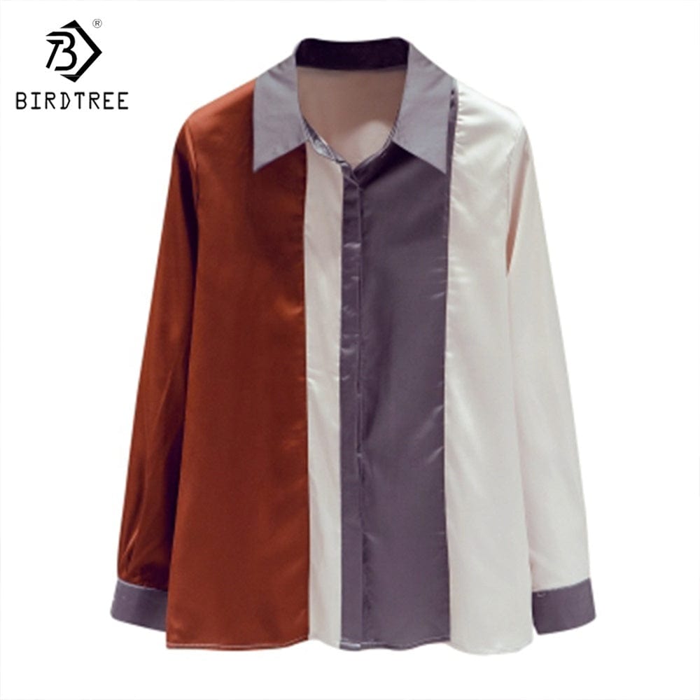 Women's Long Sleeve Satin Shirts Color-blocking Stripe Workwear Office Loose Chiffon Blouses Shirt Tops Autumn Spring 2023
