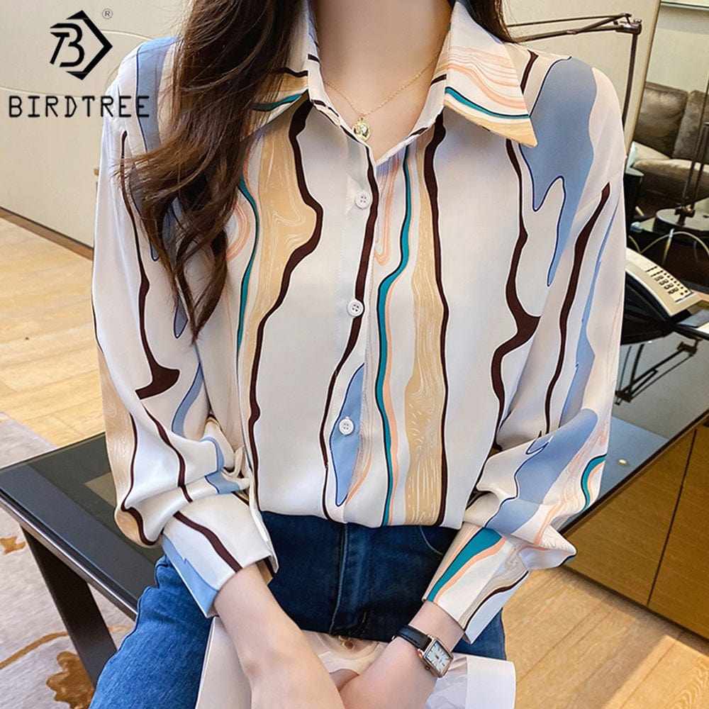Women's Long Sleeve Shirts Geometry Striped Turn Down Collar Buttoned Up Workwear Office Chiffon Blouses Shirt Fall Spring 2022