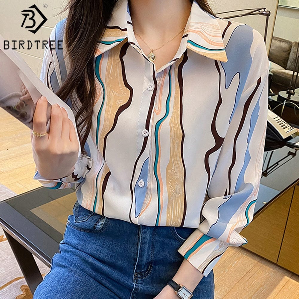 Women's Long Sleeve Shirts Geometry Striped Turn Down Collar Buttoned Up Workwear Office Chiffon Blouses Shirt Fall Spring 2022