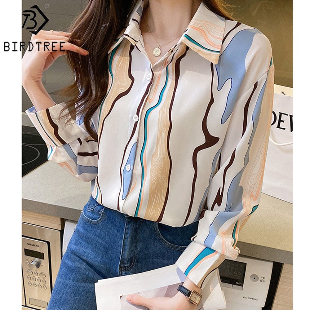 Women's Long Sleeve Shirts Geometry Striped Turn Down Collar Buttoned Up Workwear Office Chiffon Blouses Shirt Fall Spring 2022