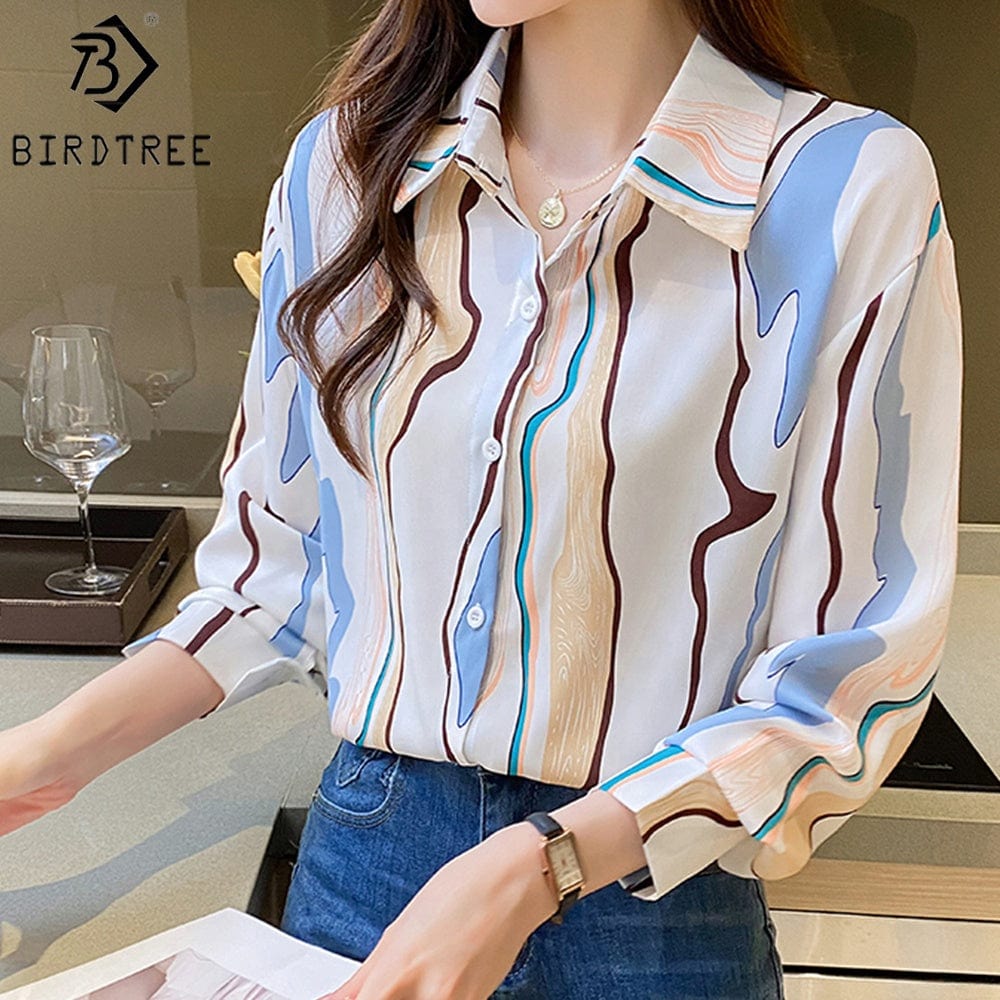Women's Long Sleeve Shirts Geometry Striped Turn Down Collar Buttoned Up Workwear Office Chiffon Blouses Shirt Fall Spring 2022