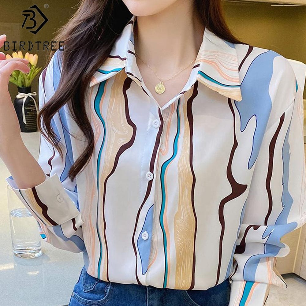 Women's Long Sleeve Shirts Geometry Striped Turn Down Collar Buttoned Up Workwear Office Chiffon Blouses Shirt Fall Spring 2022