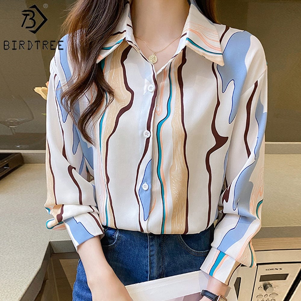Women's Long Sleeve Shirts Geometry Striped Turn Down Collar Buttoned Up Workwear Office Chiffon Blouses Shirt Fall Spring 2022