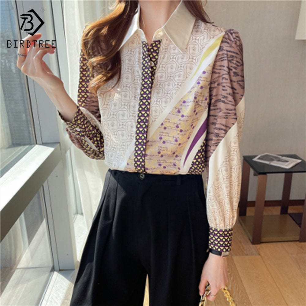 Women's Long Sleeve Shirts Letter Printing Turn Down Collar Buttoned Up Workwear Office Chiffon Blouses Shirt Fall Spring 2022