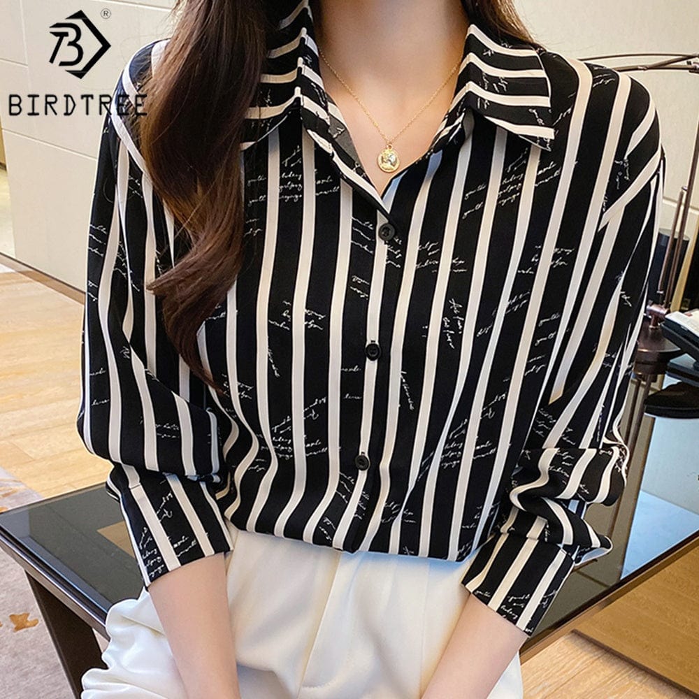 Women's Long Sleeve Shirts Letter Striped Turn Down Collar Buttoned Up Workwear Office Chiffon Blouses Shirt Fall Spring 2022
