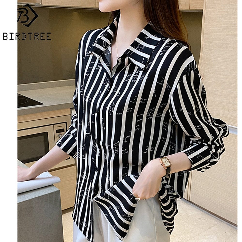 Women's Long Sleeve Shirts Letter Striped Turn Down Collar Buttoned Up Workwear Office Chiffon Blouses Shirt Fall Spring 2022
