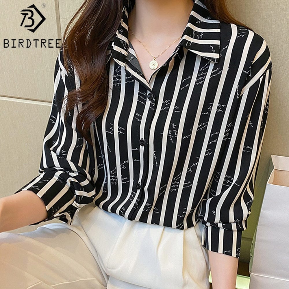 Women's Long Sleeve Shirts Letter Striped Turn Down Collar Buttoned Up Workwear Office Chiffon Blouses Shirt Fall Spring 2022