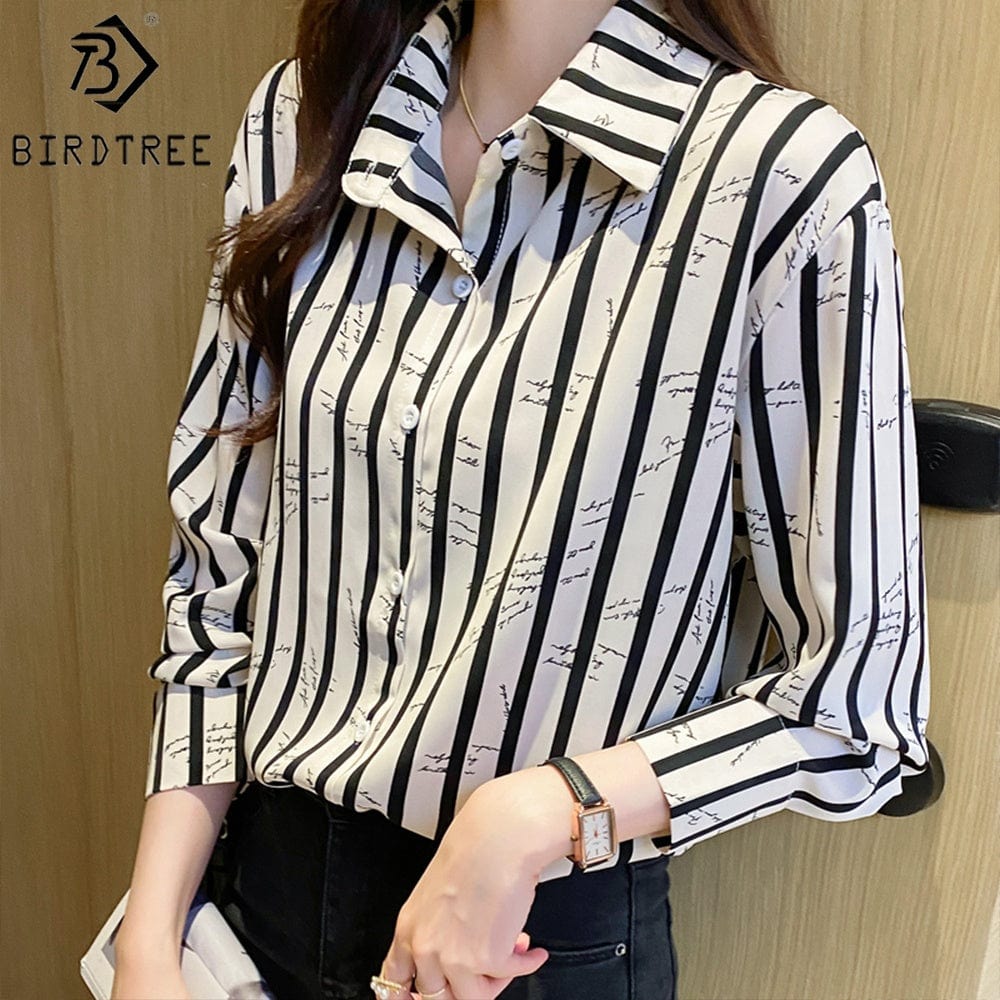 Women's Long Sleeve Shirts Letter Striped Turn Down Collar Buttoned Up Workwear Office Chiffon Blouses Shirt Fall Spring 2022