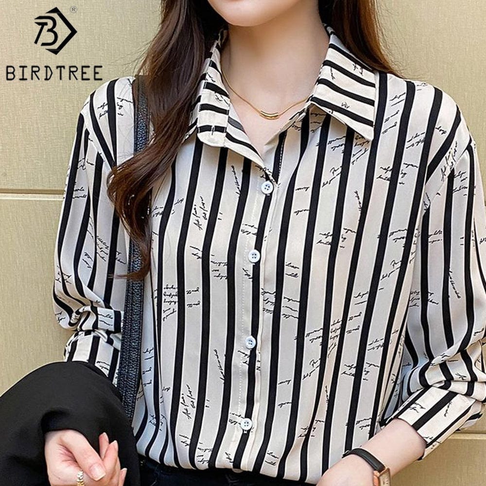 Women's Long Sleeve Shirts Letter Striped Turn Down Collar Buttoned Up Workwear Office Chiffon Blouses Shirt Fall Spring 2022