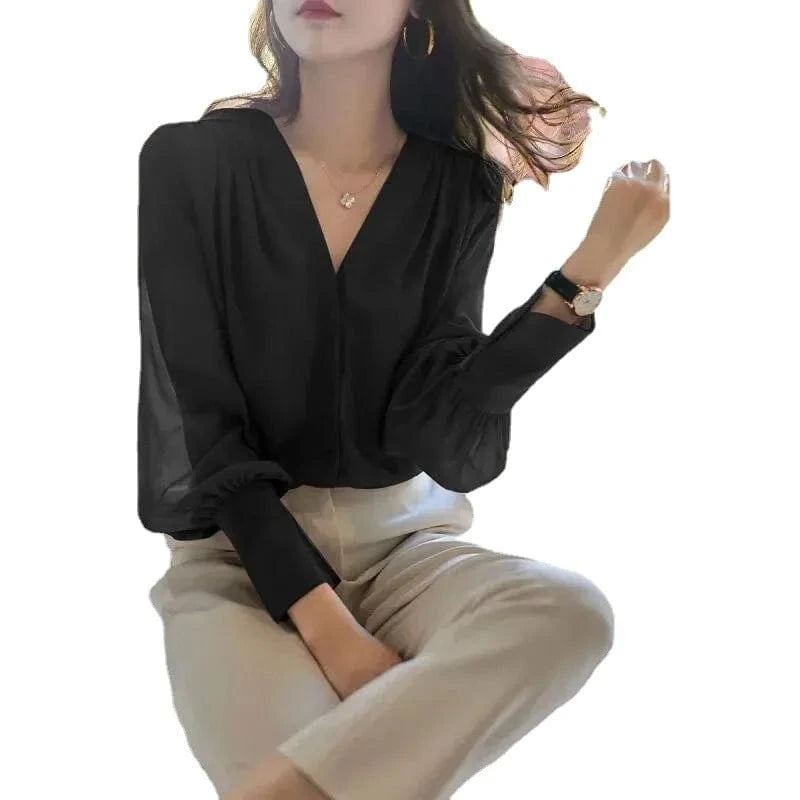 Women's Long-sleeved Shirt Spring and Autumn 2024 New French V-neck design Sense Top Elegant Loose Chiffon Shirt for Women