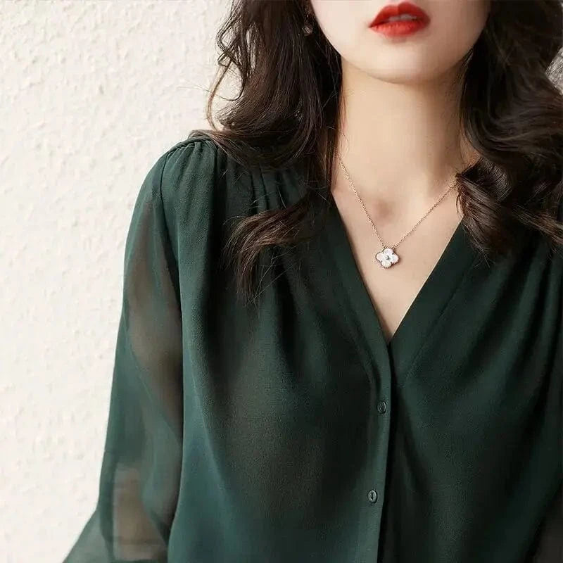 Women's Long-sleeved Shirt Spring and Autumn 2024 New French V-neck design Sense Top Elegant Loose Chiffon Shirt for Women