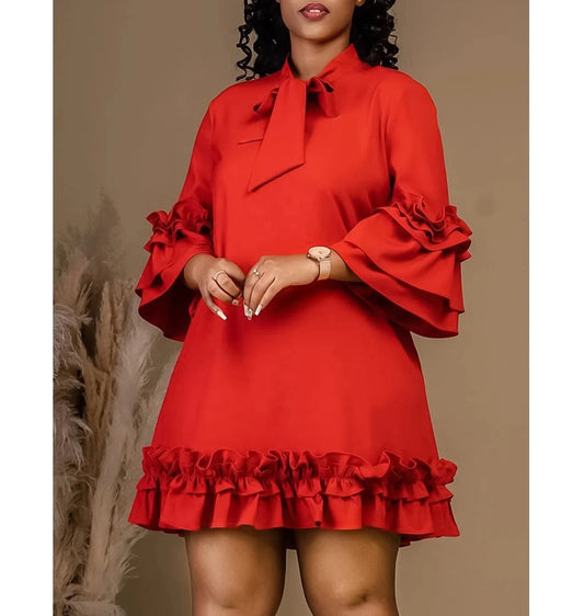 Women's Loose Casual Plus Size Ruffle Sleeve Tie Solid Color Foreign Trade Dresses