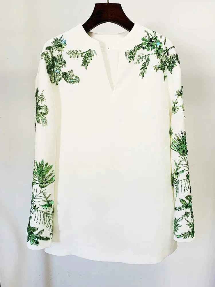 Women's Loose Style Sexy Long Sleeves Sequins Two Piece Set Beaded Blouse And Pants