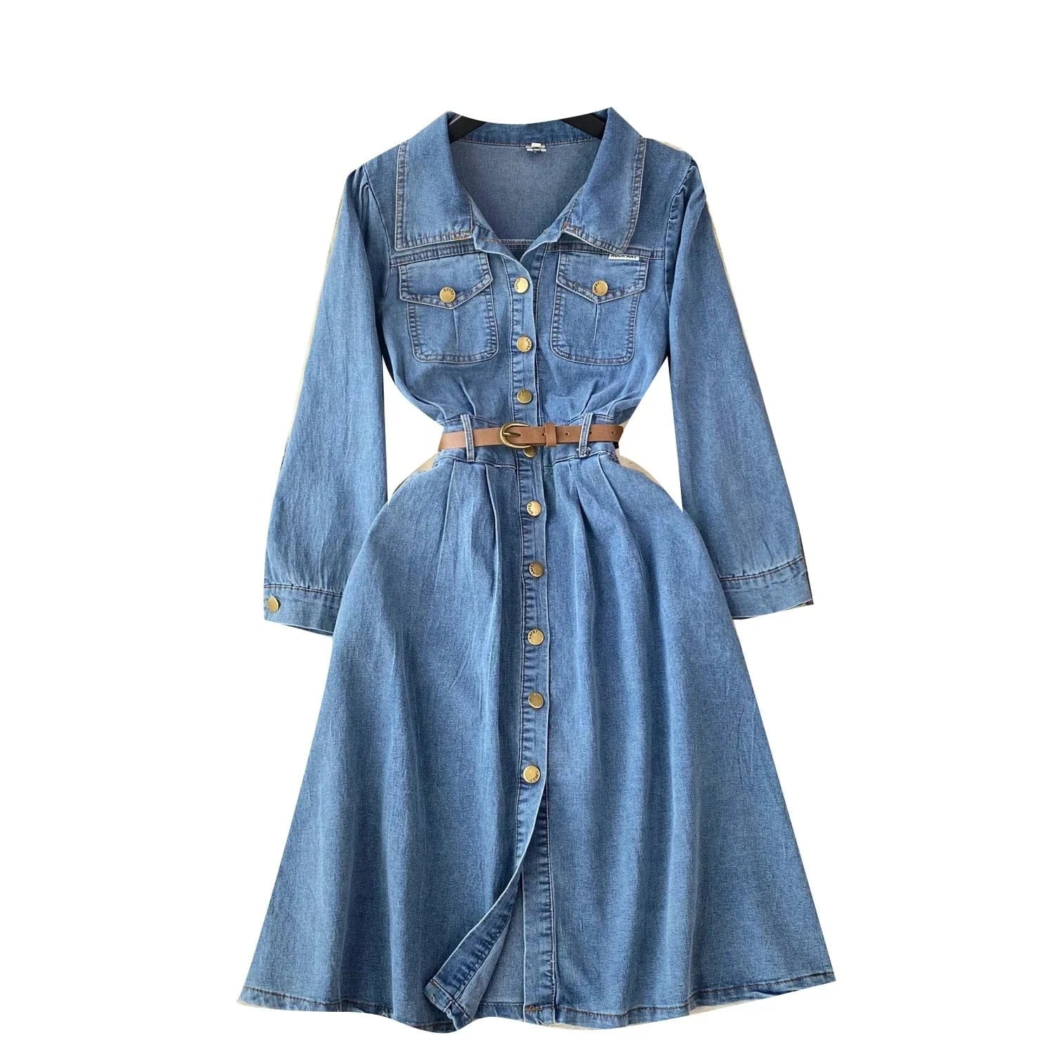 Women'S New Senior Sense Waisted Single-Breasted Long Vintage Washed Denim Dresses