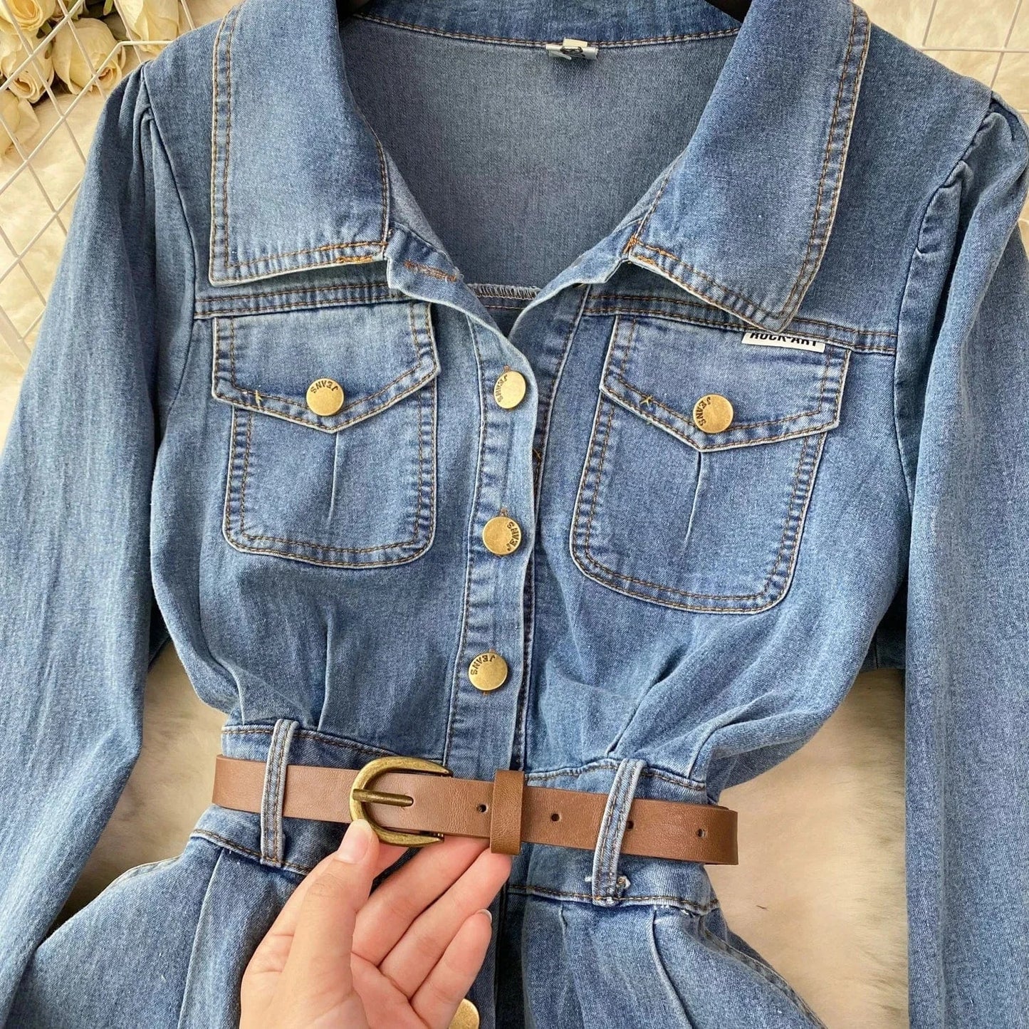 Women'S New Senior Sense Waisted Single-Breasted Long Vintage Washed Denim Dresses