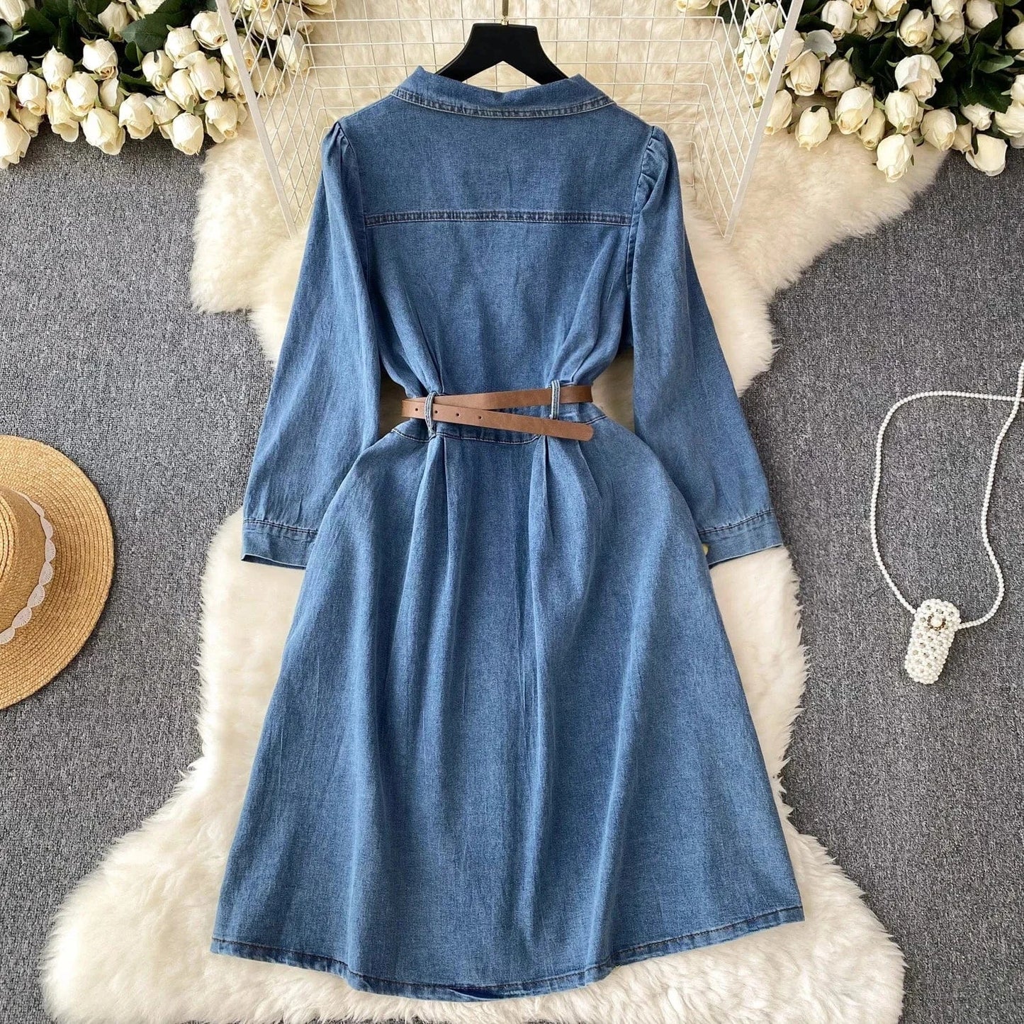 Women'S New Senior Sense Waisted Single-Breasted Long Vintage Washed Denim Dresses