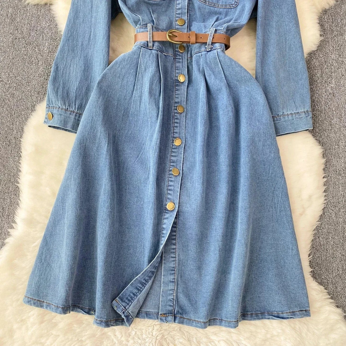 Women'S New Senior Sense Waisted Single-Breasted Long Vintage Washed Denim Dresses