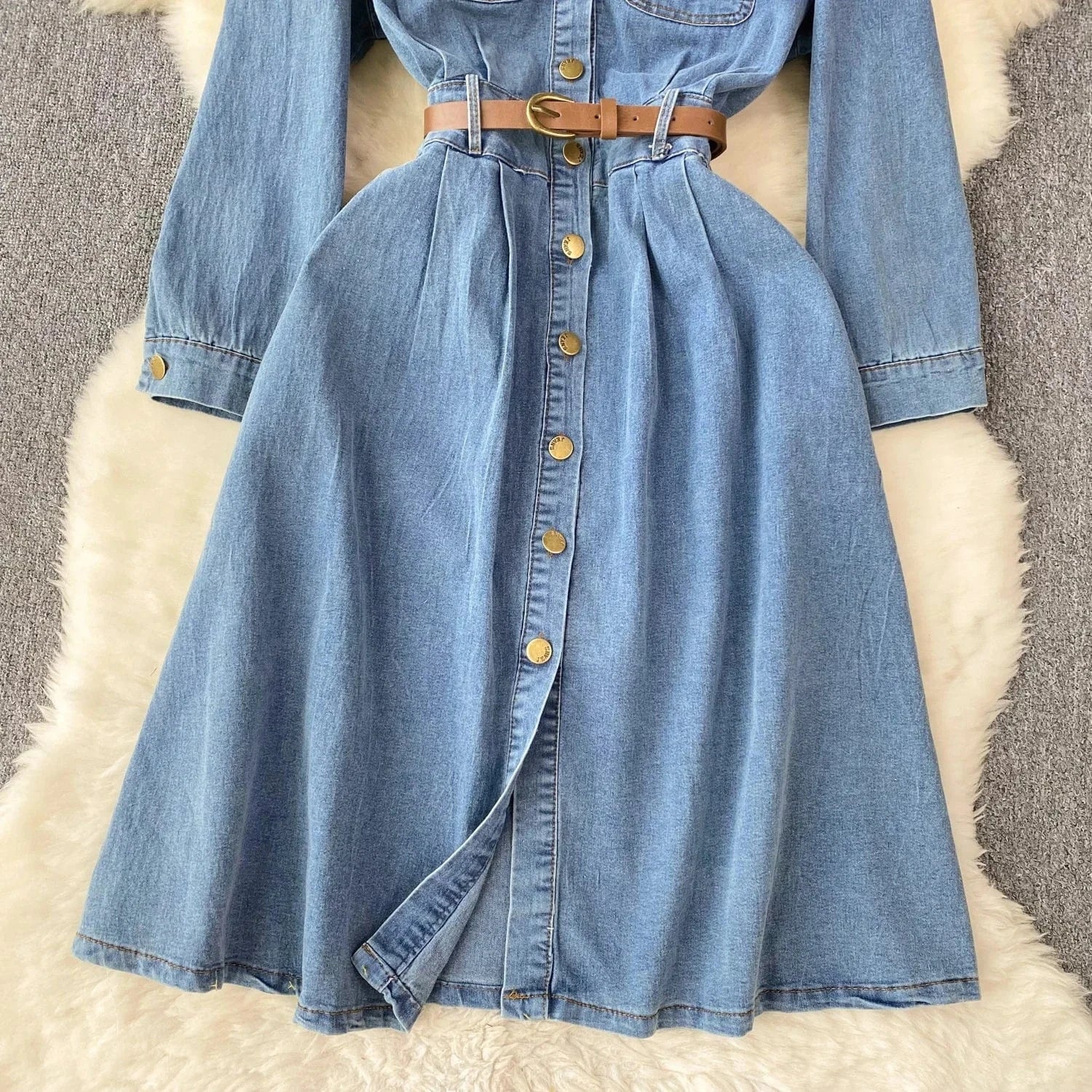 Women'S New Senior Sense Waisted Single-Breasted Long Vintage Washed Denim Dresses