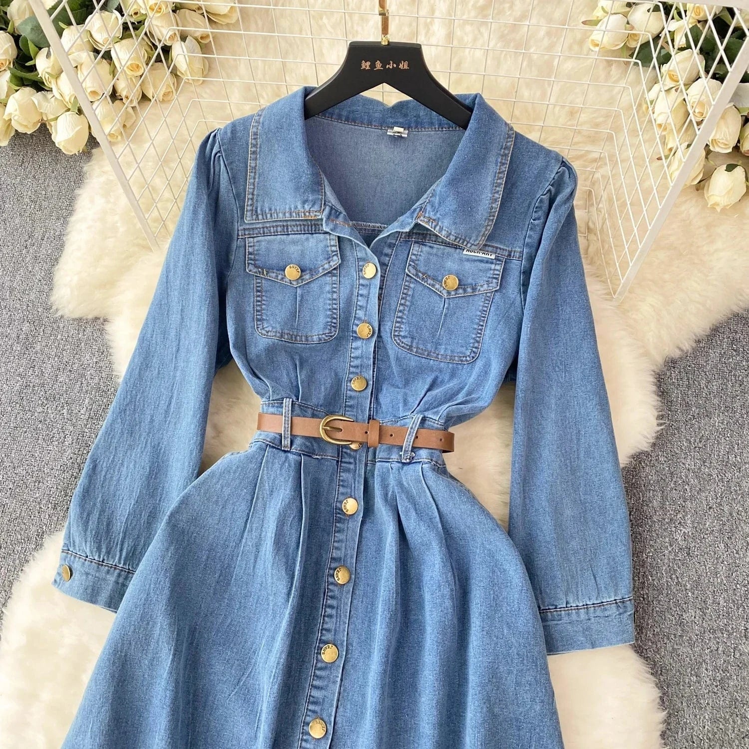 Women'S New Senior Sense Waisted Single-Breasted Long Vintage Washed Denim Dresses