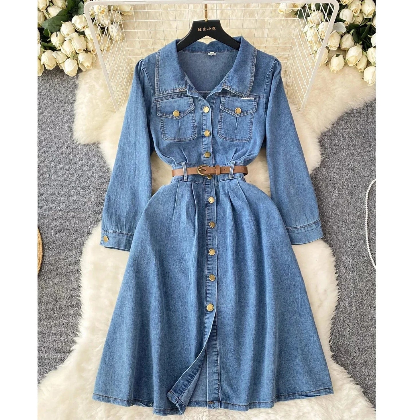 Women'S New Senior Sense Waisted Single-Breasted Long Vintage Washed Denim Dresses