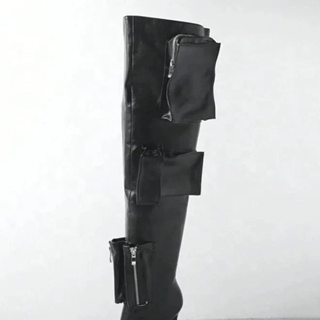 Women's Over Knee High Thin Heels Size 44 Pockets Boots Pointed Toe Camouflage Shoes Stiletto Wide Fit Denim Long Booties