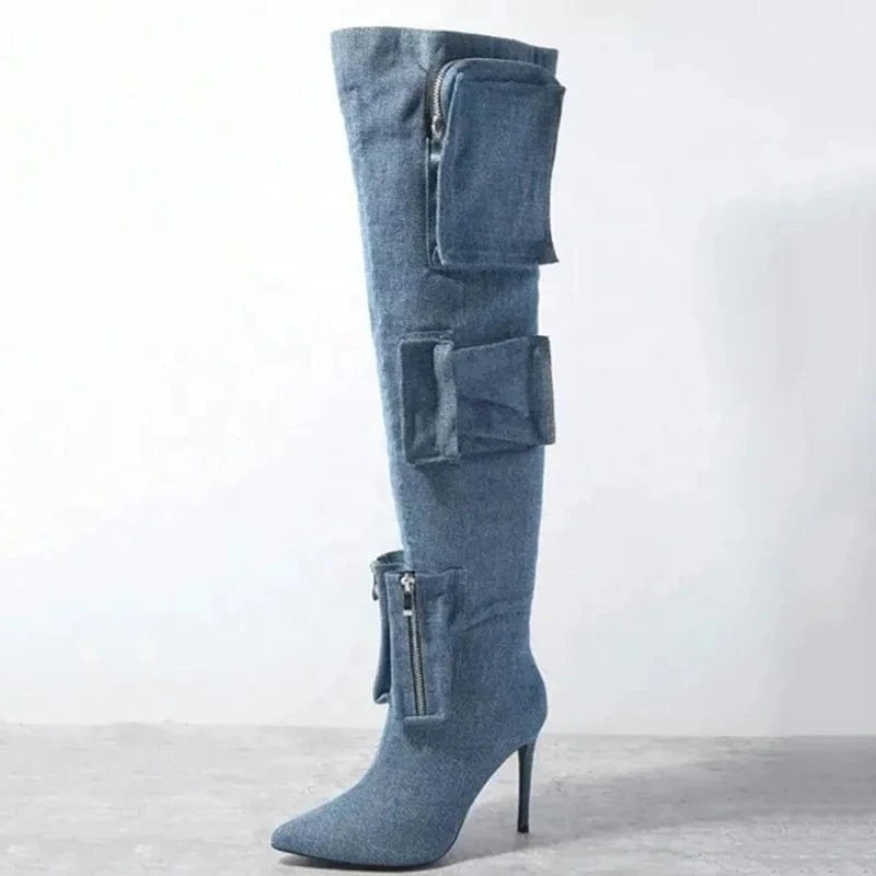 Women's Over Knee High Thin Heels Size 44 Pockets Boots Pointed Toe Camouflage Shoes Stiletto Wide Fit Denim Long Booties