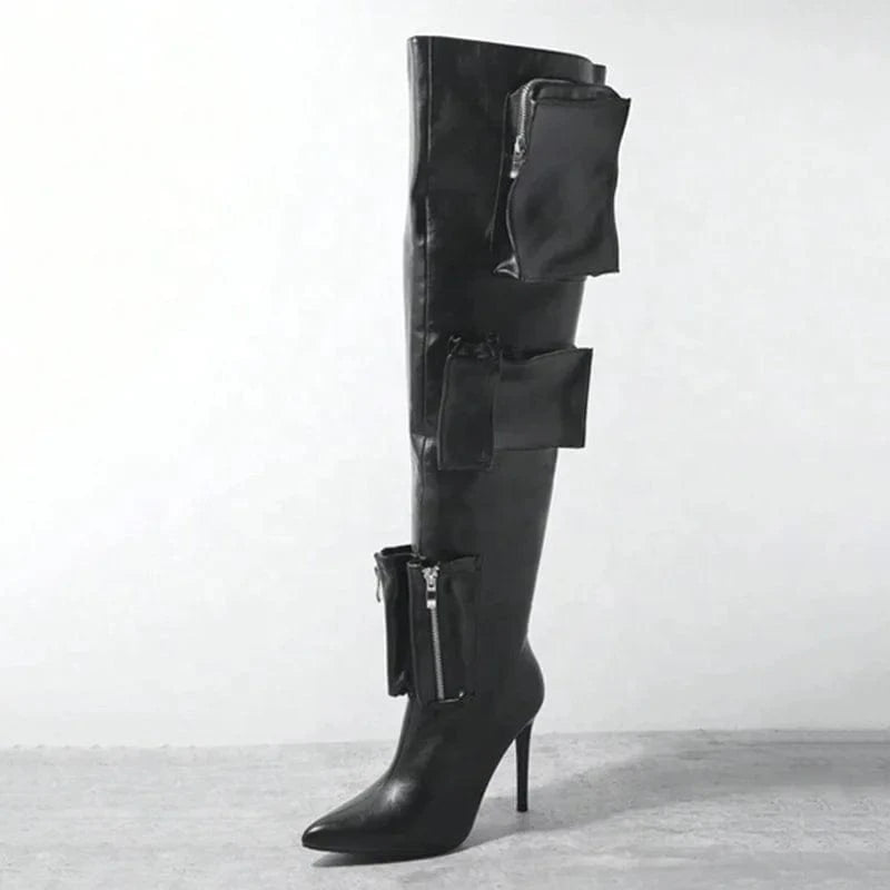Women's Over Knee High Thin Heels Size 44 Pockets Boots Pointed Toe Camouflage Shoes Stiletto Wide Fit Denim Long Booties