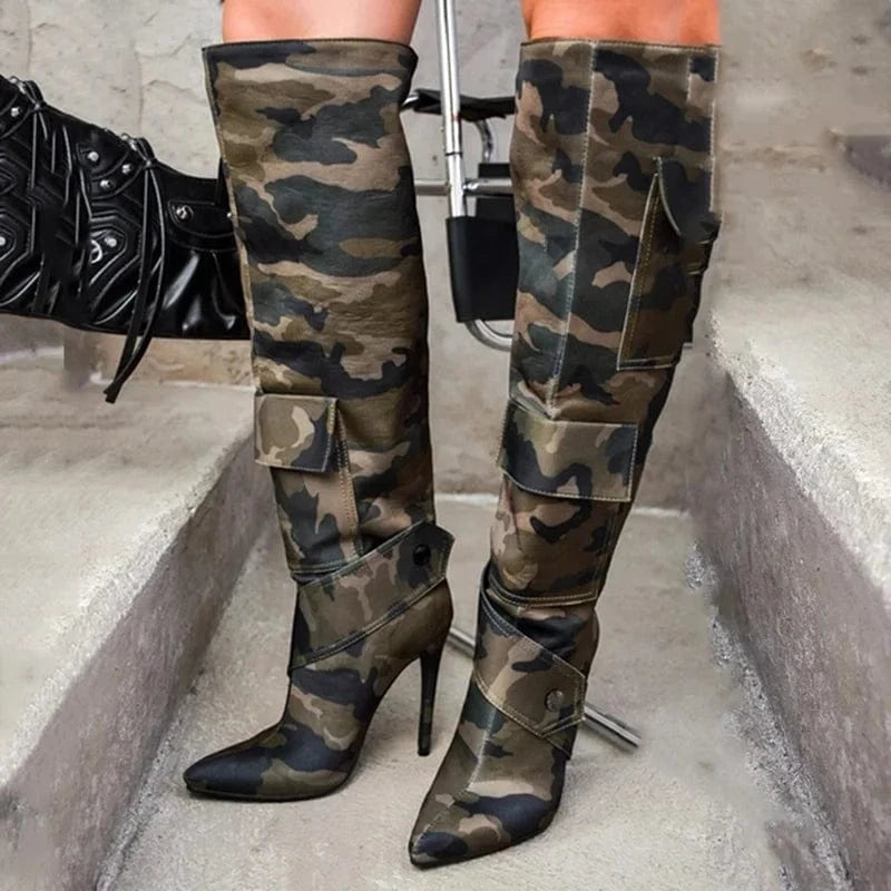 Women's Over Knee High Thin Heels Size 44 Pockets Boots Pointed Toe Camouflage Shoes Stiletto Wide Fit Denim Long Booties
