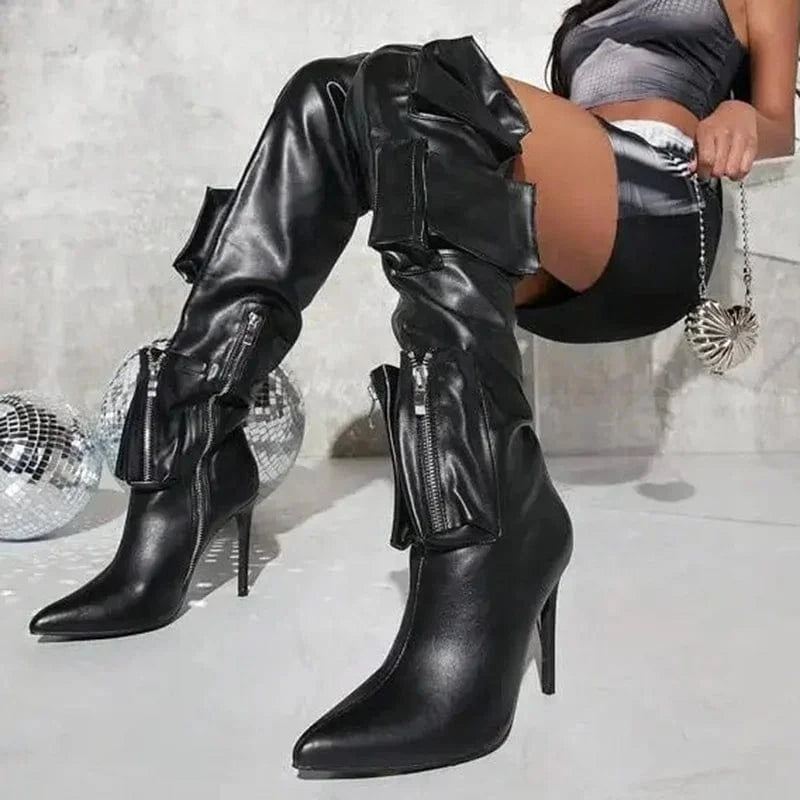 Women's Over Knee High Thin Heels Size 44 Pockets Boots Pointed Toe Camouflage Shoes Stiletto Wide Fit Denim Long Booties