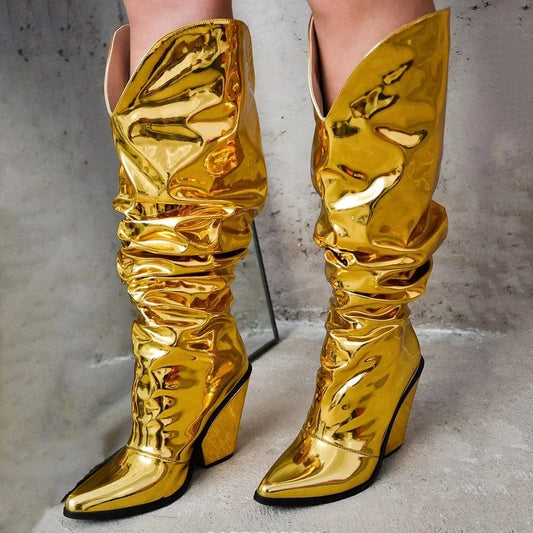 Women's Pointy Toe Knee-high Booties High Chunky Heels Boots Colorful  Metallic Pleated Upper Slip On Shoes