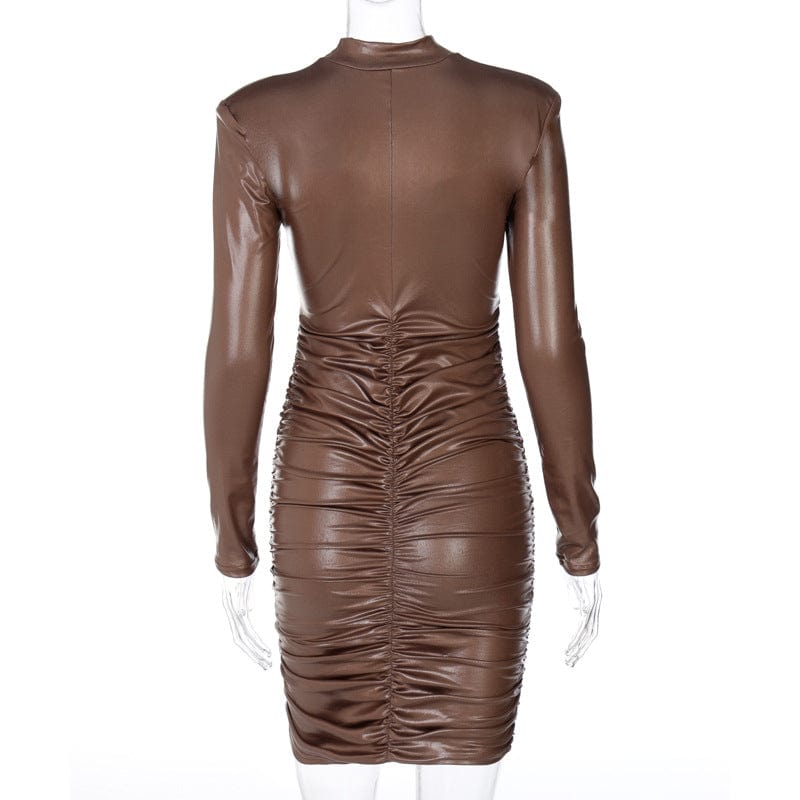 Women's PU Leather Mock Neck Pleated Long Sleeve Party Bodycon Mini Dress