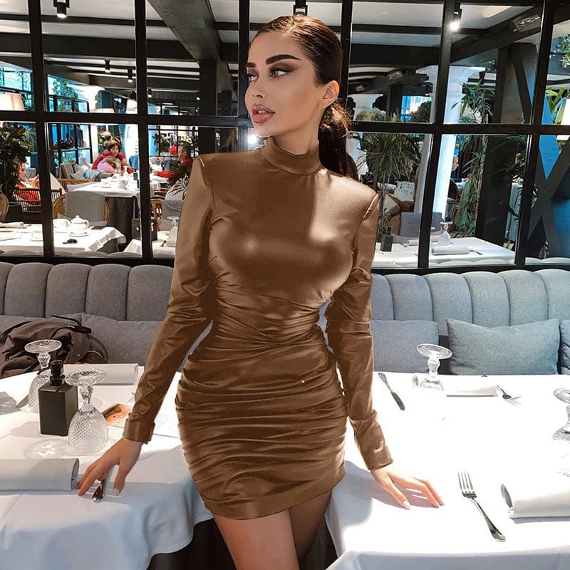 Women's PU Leather Mock Neck Pleated Long Sleeve Party Bodycon Mini Dress