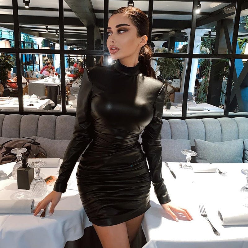 Women's PU Leather Mock Neck Pleated Long Sleeve Party Bodycon Mini Dress