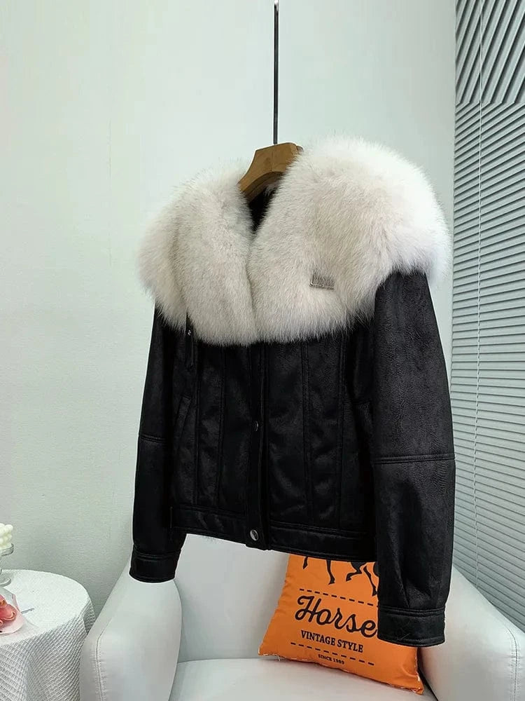 Women's Real Rabbit Fur Short Coats Female Girl Fox Fur Collar Warm Jacket Luxury Winter Overcoat JT3262